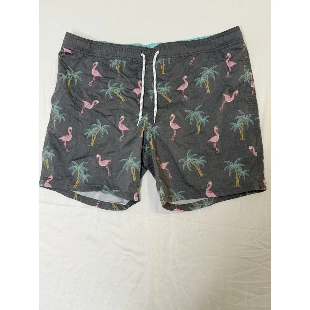 Goodfellow & Co Mens Swim Trunks XL Flamingo Palm Tree Gray Beach Shorts